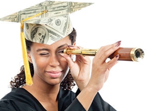 A woman graduating high school, wearing a graduation cap and looking through a telescope.