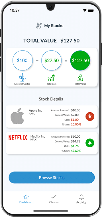 A phone screen displaying the total value of a stock, perfect for teaching kids about investing.