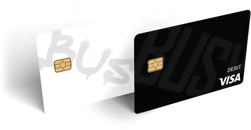 A black and white Kids Debit Card with the word bus on it.