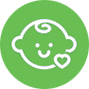 A green icon with a baby's face in it, showcasing busykid features.