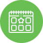 A calendar icon with busykid features on a green background.