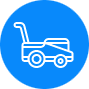 A lawn mower icon featuring busykid on a blue background.