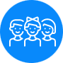 Three people icon showcasing busykid features on a blue background.