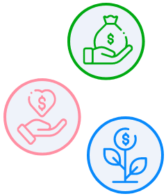 Three icons of money, a plant and a heart.
