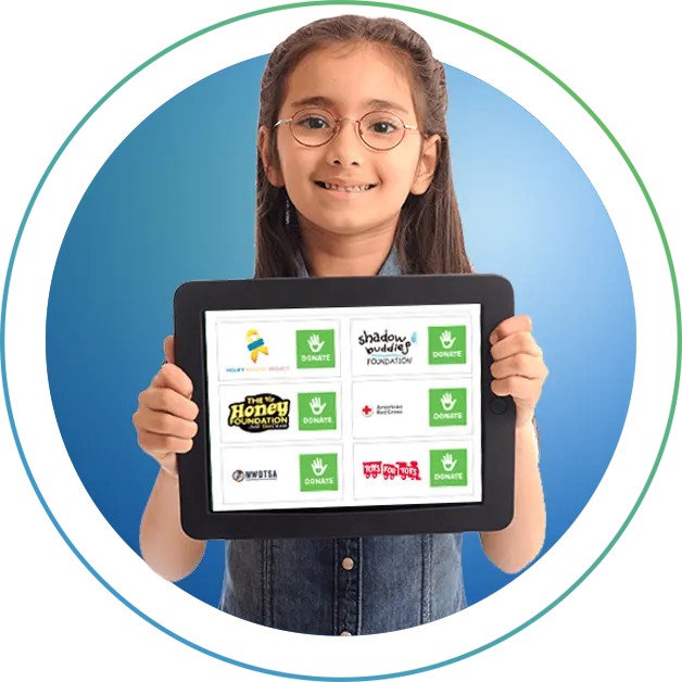 A girl holding up a tablet with the Busykid Charities logo on it.