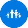 A blue background with a white icon of a family holding hands.