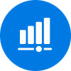 A white bar graph icon on a blue background, highlighting busykid features.