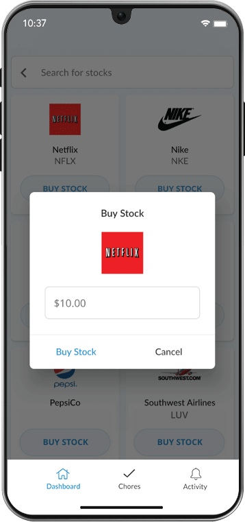 A phone screen displaying the buy block app, a platform for investing in stocks designed specifically for kids.