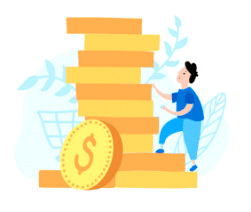 An illustration of a man climbing a stack of gold coins, inspiring kids to save money with a debit card.